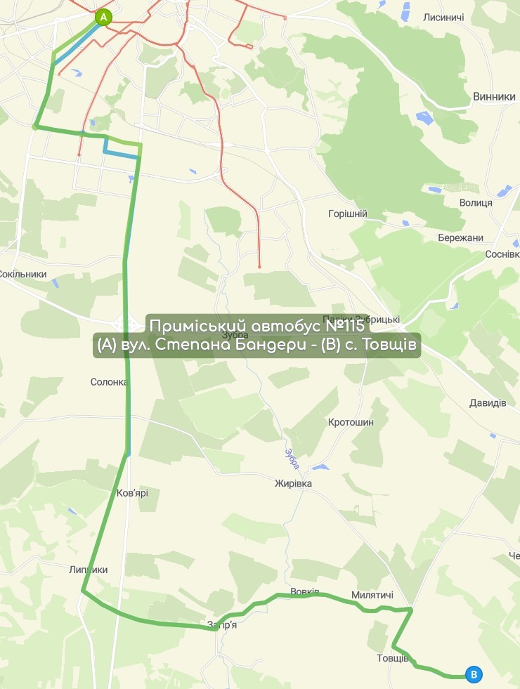 Приміський автобус №115 карта